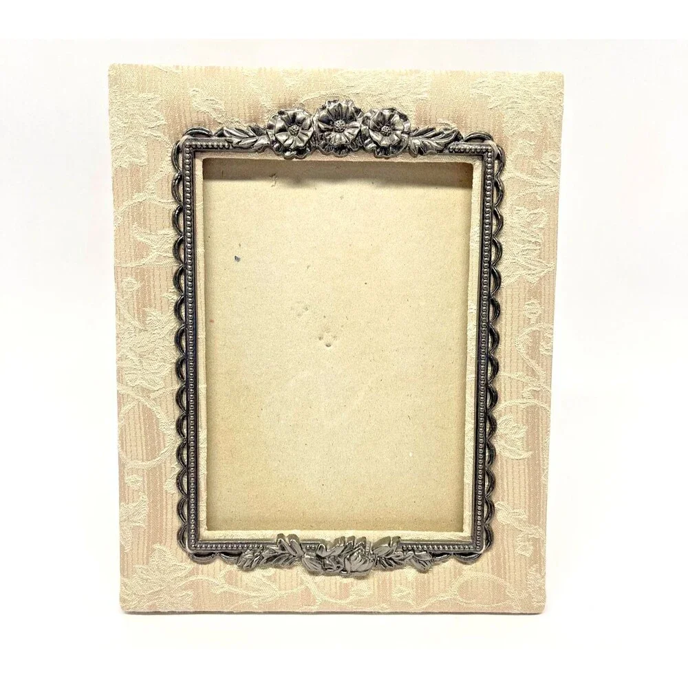 Vintage Russ Berrie 5x7 Fabric Pewter Floral Photo Frame with Tag-Tabletop